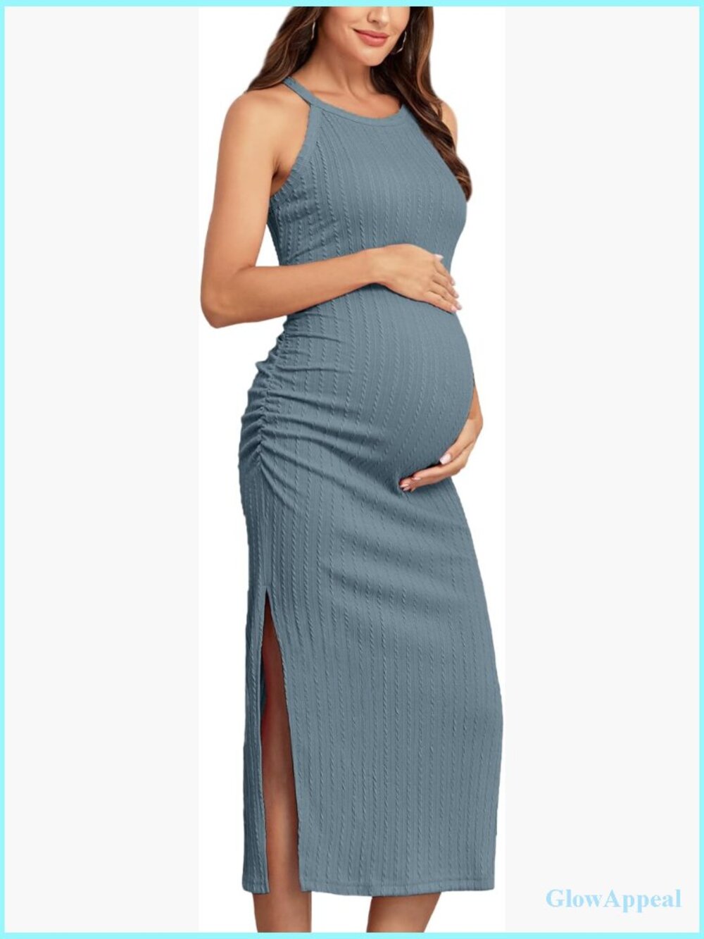 Maternity Bodycon Dress Halter Neck Ruched Slit Summer Casual
